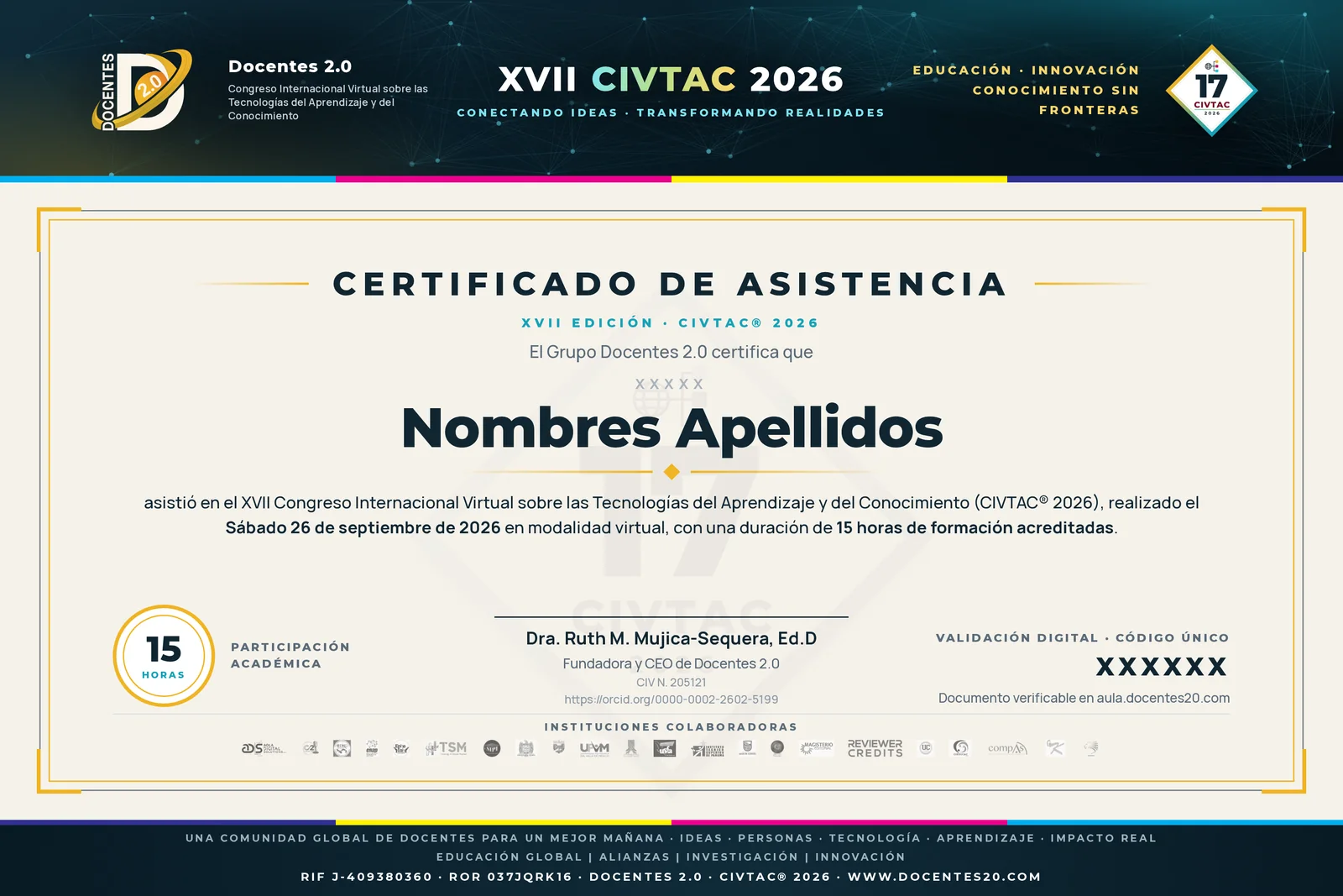 Ejemplo del certificado de asistencia del XVII CIVTAC 2026