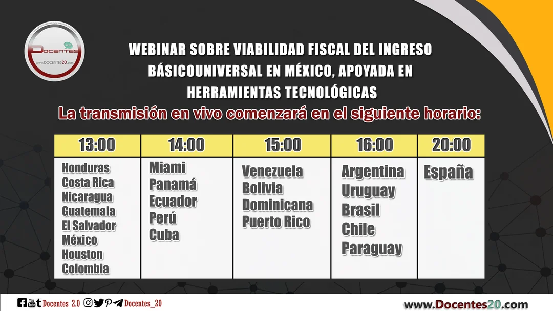 Horario por países del webinar Webinar sobre viabilidad fiscal del ingreso básico universal